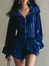 Elegant And Stylish Royal Blue Velvet Collared Front Zip-up Shorts Jumpsuit