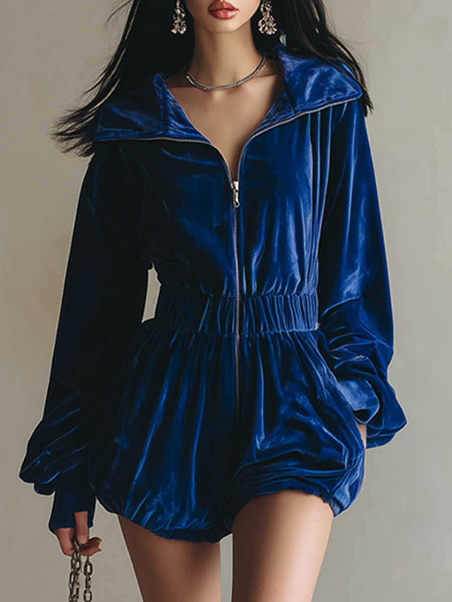Elegant And Stylish Royal Blue Velvet Collared Front Zip-up Shorts Jumpsuit
