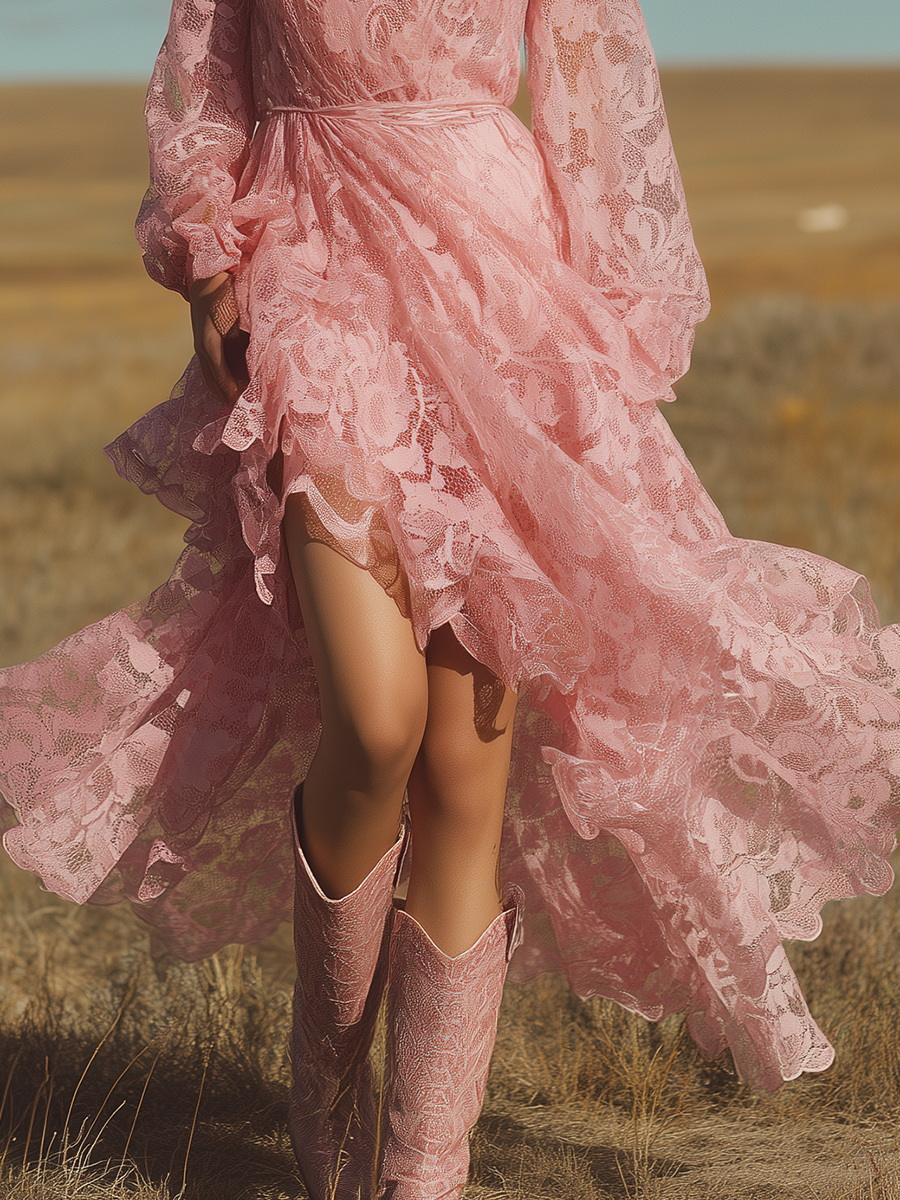 Romantic Bohemian V-neck Irregular Hem Pink Lace Maxi Dress