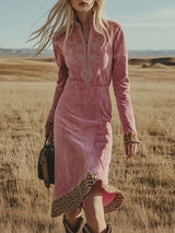 Vintage Western-style Pink Embroidered Faux Suede Midi Dress