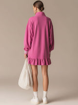 Sporty Retro Pink Cotton Half-Zip Ruffle Sweatshirt Mini Dress