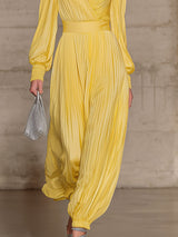 Yellow Pleated Chiffon V-neck Long-sleeved Jumpsuit