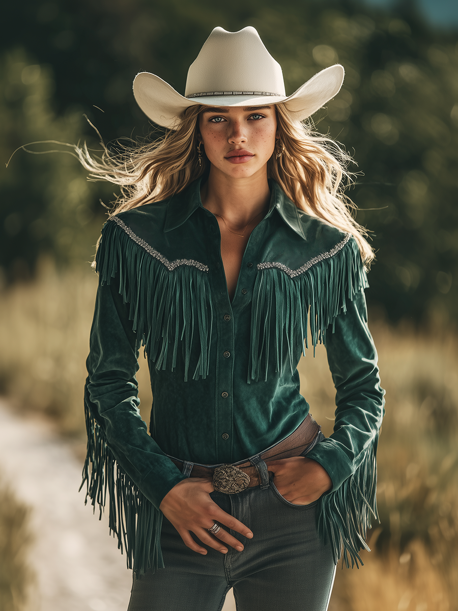 Bohemian Retro Tassel Lapel Long Sleeve Suede Shirt