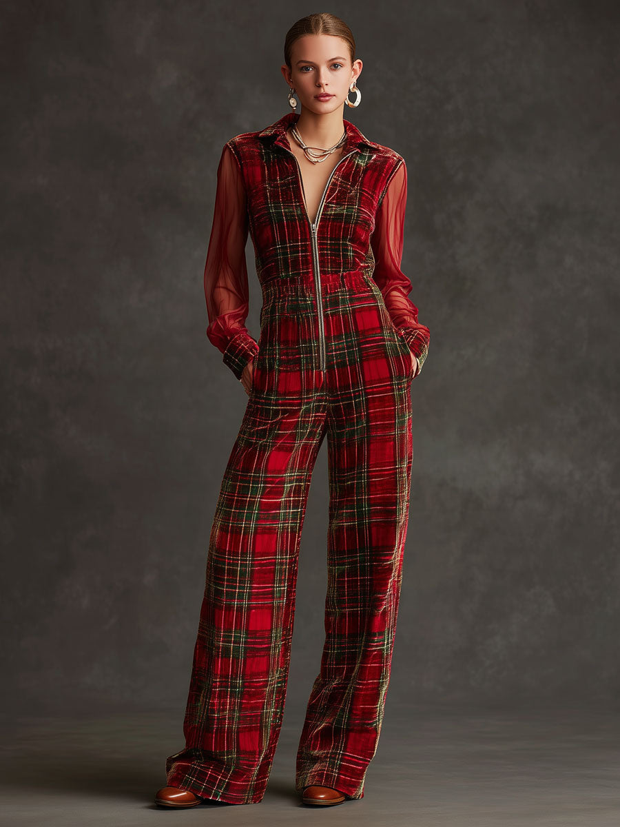 Retro Long-sleeved Mesh Red And Green Plaid Velvet Wide-leg Jumpsuit