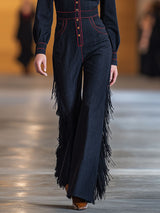 Retro Red Topstitched Navy Denim Long Sleeve Flared Tassel Jumpsuit