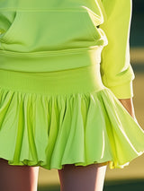 Fluorescent Green Embroidered Hooded Sweatshirt Lantern Skirt Sports Set