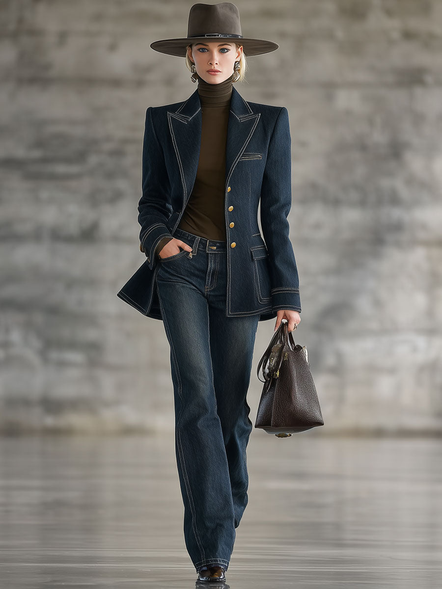 Fashion Retro Topstitched Navy Blue Denim Jacket