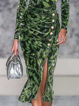 Retro Leaf Print Velvet Round Neck Side Slit Long Sleeve Midi Dress