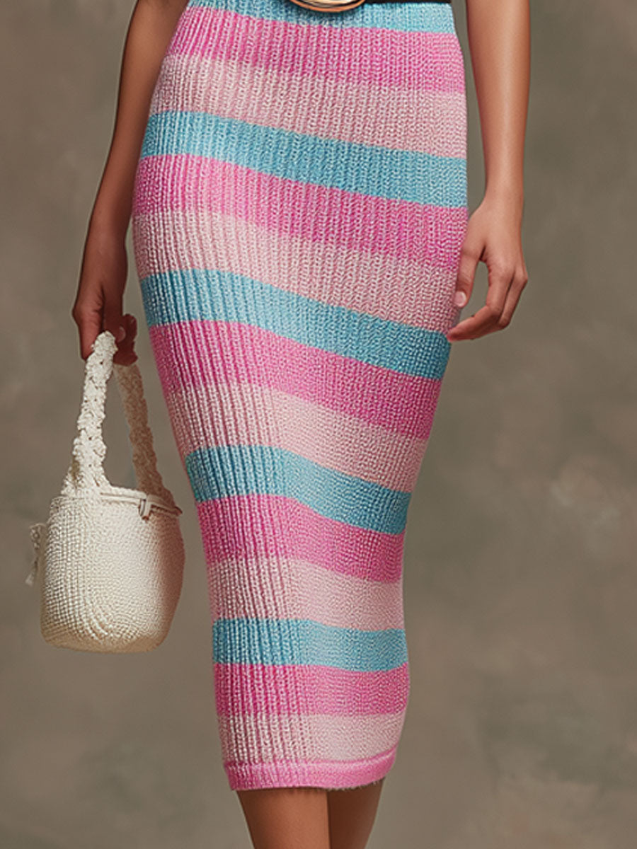 Elegant Retro Blue And Pink Knitted Sleeveless Midi Dress
