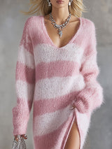 Color-block Wide-striped V-neck Side-slit Knitted Long-sleeved Midi Dress