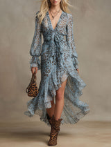 Stylish Retro Leopard Print Light Blue V-neck Chiffon Midi Dress