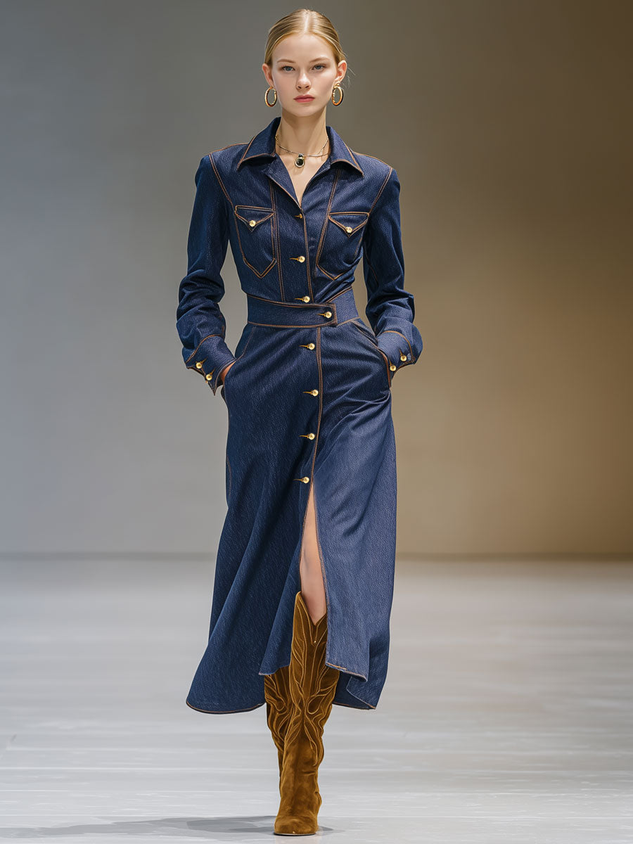 Fashionable Retro Long-sleeved Dark Blue Denim Cardigan Midi Dress