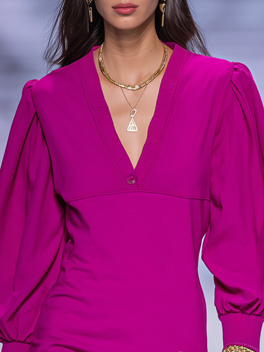 Retro Sporty V-neck Puff-sleeve Mini Dress