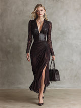 Retro High-end Brown-red Imitation Leather Stitching Lace Long-sleeved Maxi Dress