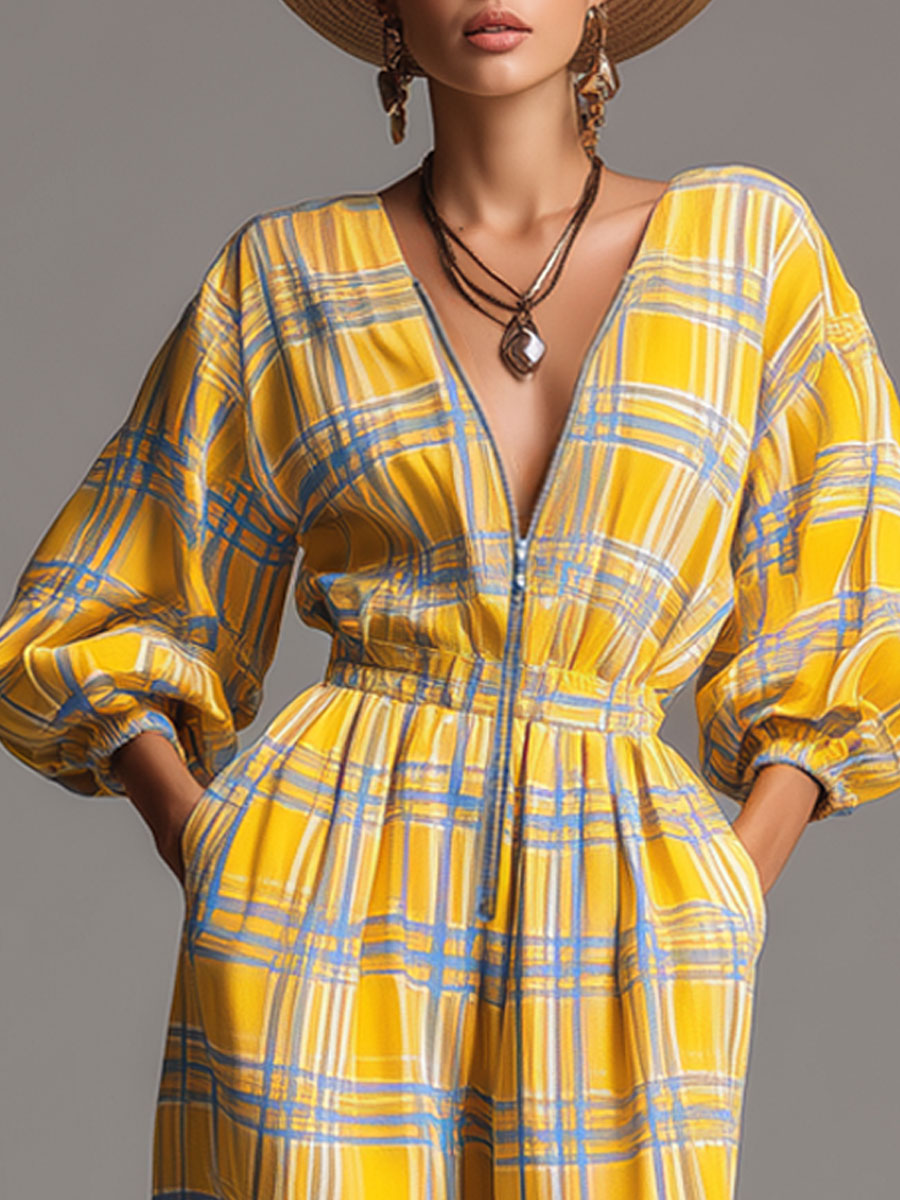 Fashionable Retro Long-sleeved Yellow And Blue Plaid Chiffon Zipper Balloon Jumpsuit
