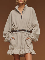 Sporty Retro Light Gray Half-zip Ruffle Long-sleeved Mini Dress
