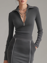 Stylish Sporty Retro-inspired Zip-up Collared Top And Skirt Set