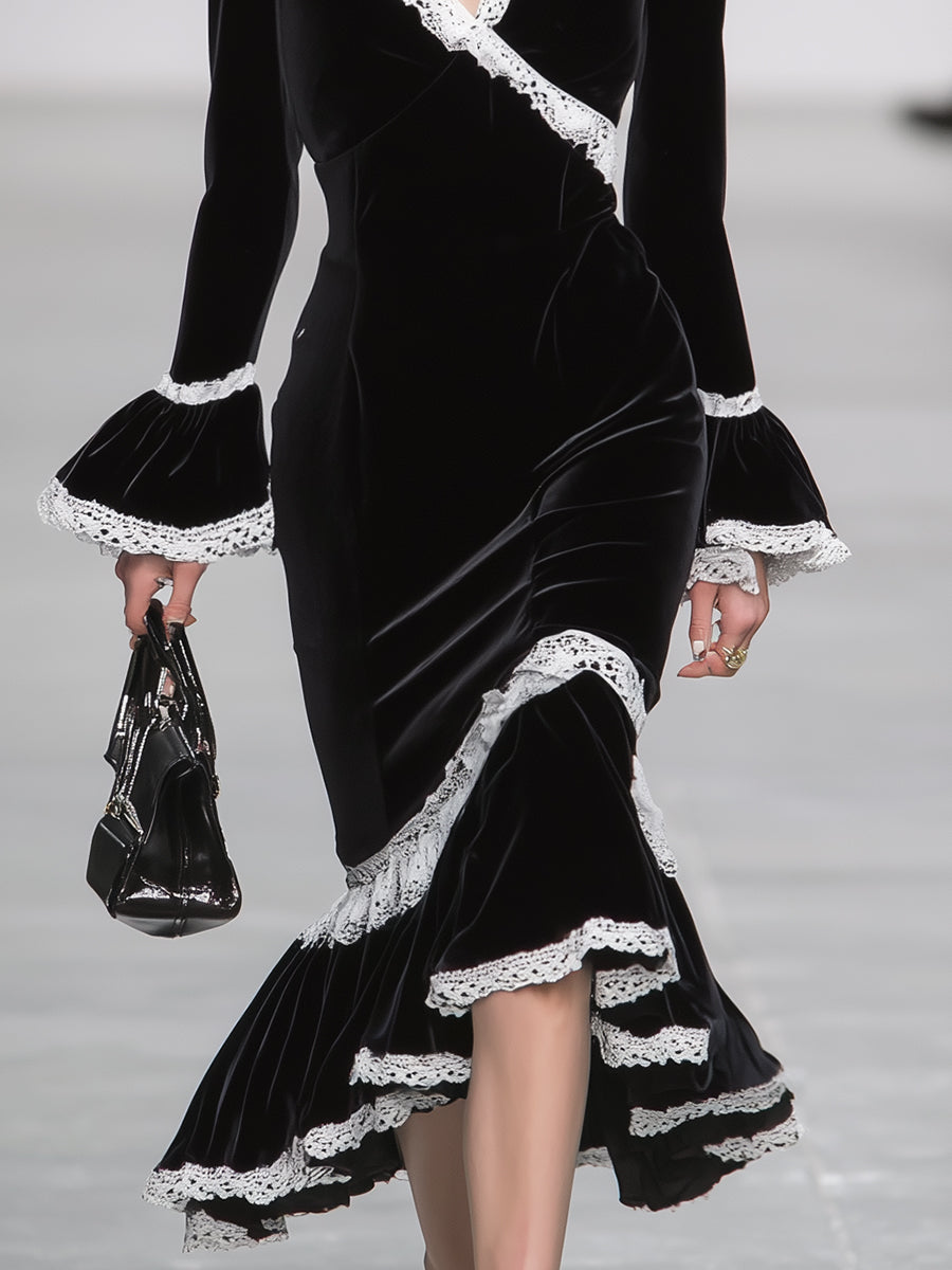 Simple And Stylish White Lace-trimmed Black Ruffled Fishtail Midi Dress