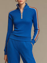 Sporty Retro Royal Blue Ribbed Knit Top And Wide-leg Pants Set