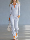 Fashionable Sporty Gray-blue Long-sleeved Half-zip Top And Trousers Set