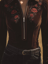 Western-style Vintage Embroidered Brown Velvet Shirt