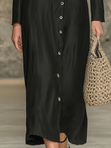Elegant Black Cotton And Linen With A Lapel Collar And Button Closure Maxi Dress