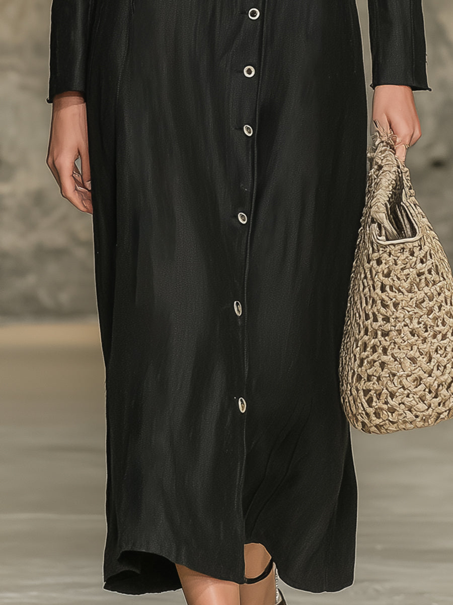 Elegant Black Cotton And Linen With A Lapel Collar And Button Closure Maxi Dress
