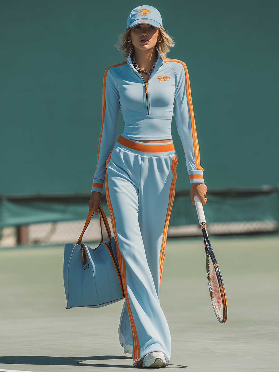 Athletic And Casual Color-blocked Stand-collar Top And Flared Pants Set