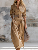 Retro And Stylish Lapel Button-down Khaki Maxi Dress