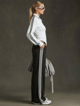 Sporty Retro Striped Black-White Long-sleeved Sweatshirt And Wide-leg Pants Set