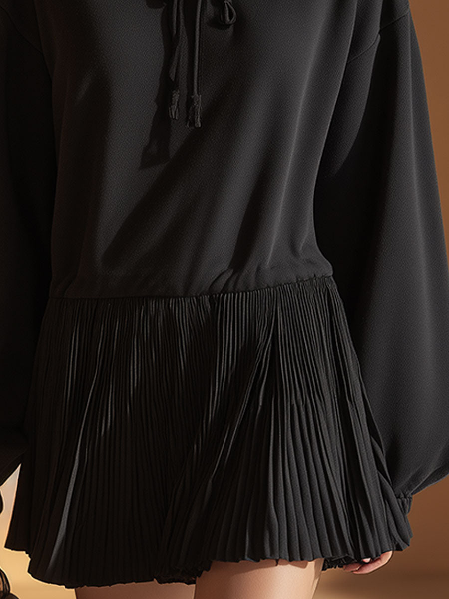 Stylish And Casual Black Cotton And Chiffon Patchwork Hooded Mini Dress