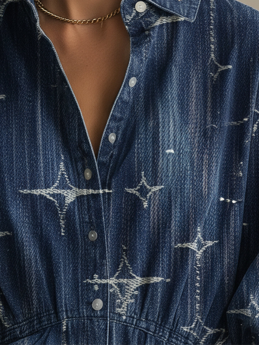 Stylish And Casual Blue Star Denim Midi Dress