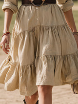 Western-style Loose-fitting Khaki Cotton-linen Blend Button-down Midi Dress