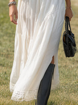 Western-style White Cotton And Linen Blend With Lace Inserts And A Side Slit Maxi Dress