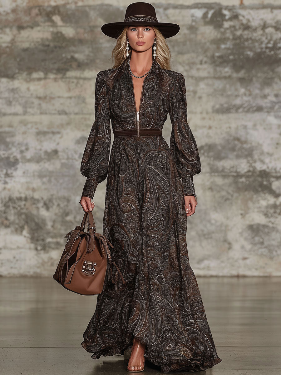 Fashion Retro Paisley Pattern Zipper Maxi Dress