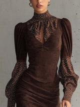 Brown Faux Suede Bodycon Dress With Satin Polka Dots