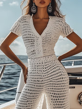【24-hour shipping out】Seaside Vacation V-neck White Crochet Short-sleeved Top Trousers Set