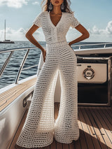 【24-hour shipping out】Seaside Vacation V-neck White Crochet Short-sleeved Top Trousers Set