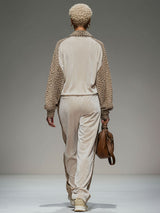 Lapel Collar Zip-up Color-blocked Leopard Print And Velvet Patchwork Set