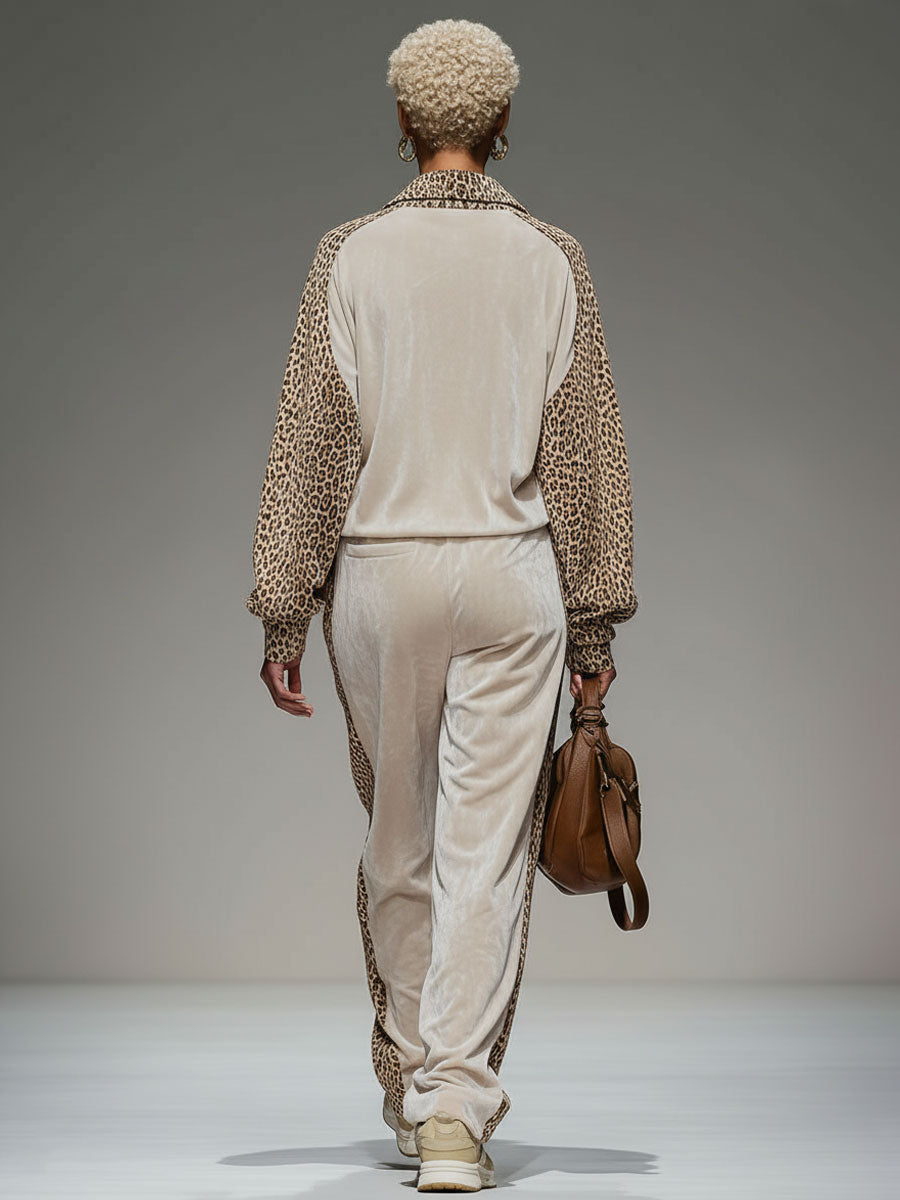 Lapel Collar Zip-up Color-blocked Leopard Print And Velvet Patchwork Set
