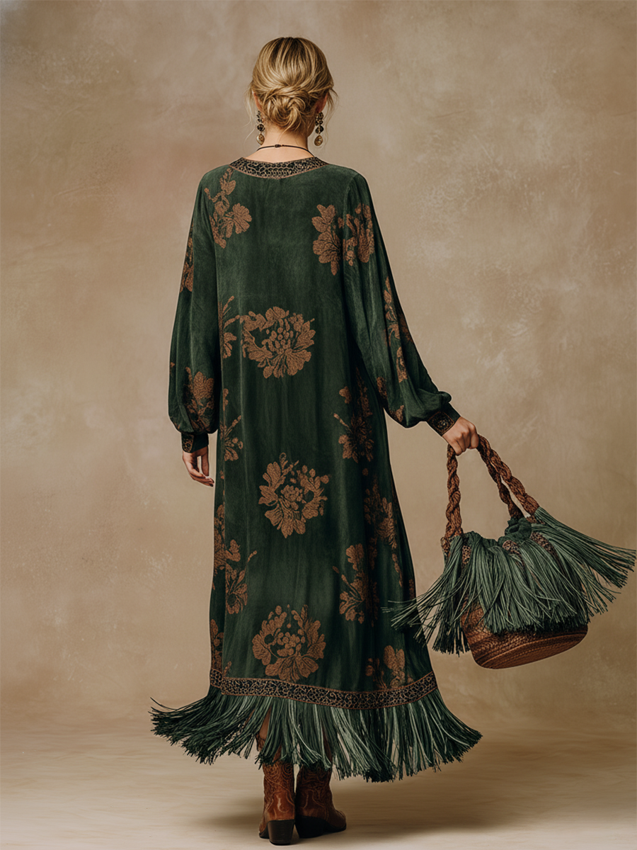 Retro Silhouette Printed Green Faux Suede Tassel Maxi Dress