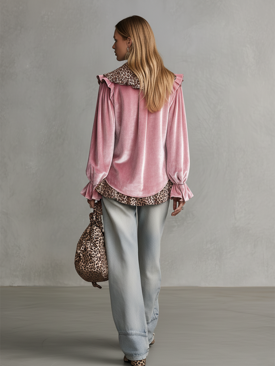 Retro V-neck Leopard Print Ruffled Hem Velvet Shirt