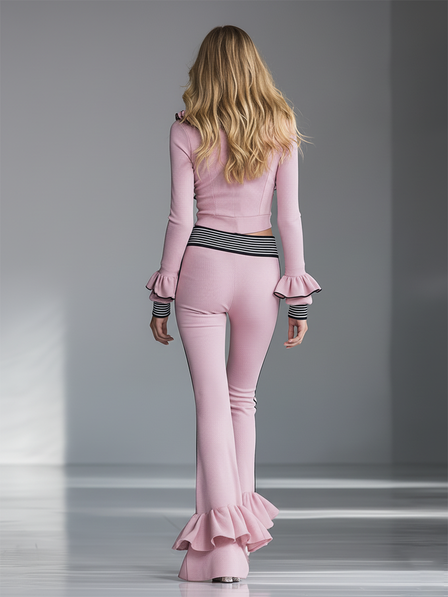 Elegant Sporty Black-trimmed Pink Flared Pants Set
