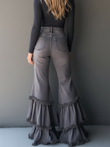 Retro Romantic Gray Frayed Ruffle Flared Jeans