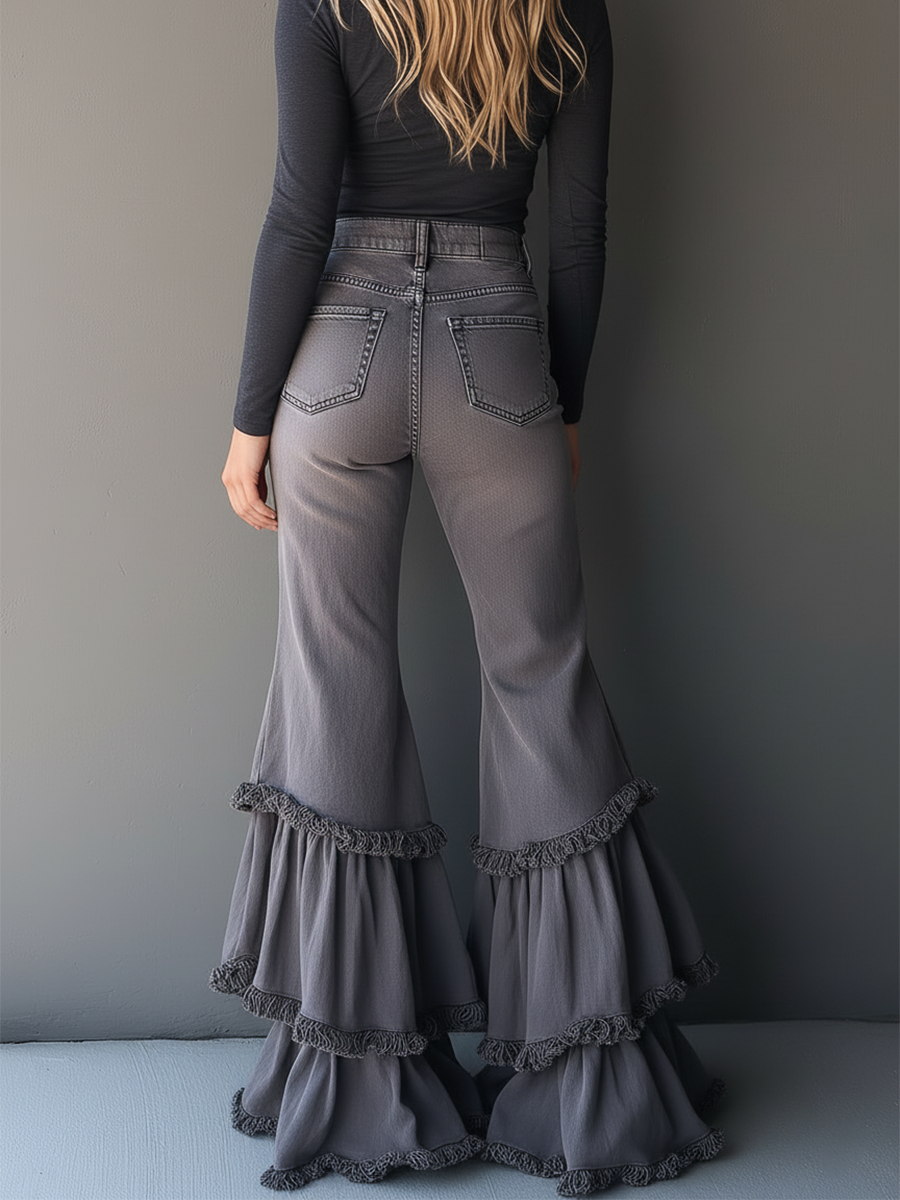 Retro Romantic Gray Frayed Ruffle Flared Jeans