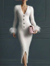 White Mohair V-neck Button Imitation Ostrich Feather Midi Dress