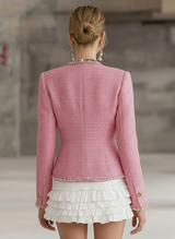 Designer Pink Tweed Patchwork White Trim Button Jacket