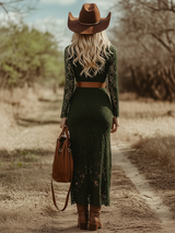 Vintage Bohemian Blue Lace Long Sleeve Midi Dress
