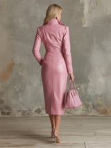 Elegant And Gentle Pink Faux Leather Midi Dress
