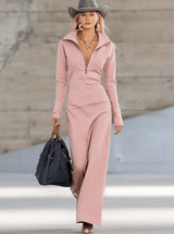 Elegant Retro Sporty V-neck Front Zipper Long-sleeved Pink Maxi Dress